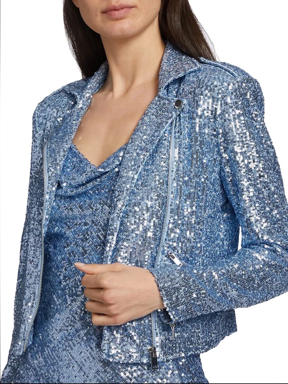 New Generation Love Robin Sequin Moto Jacket - Chambray Blue Size Small $395